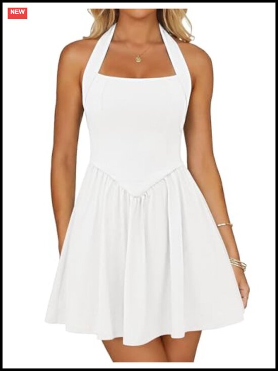 Dresses & Skirts - Halter Square Neck Sleeveless Mini Dress With Pockets A-Line Flowy
